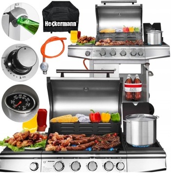GRILL GAZOWY OGRODOWY NIERDZWENY ŻELIWNY RUSZT 4+1 17,4kW Z SZAFĄ NA BUTLE