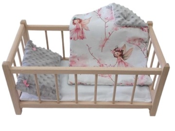 DREWNIANE ŁÓŻECZKO DLA LALEK + POŚCIEL DWUSTRONNA PUSZYSTA