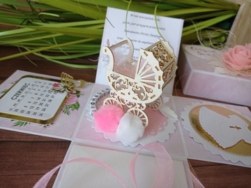 Kartka 3D, exploding box, personalizowane, Chrzest Roczek