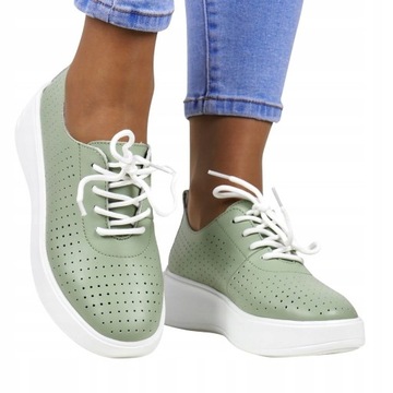 DAMSKIE PÓŁBUTY SNEAKERSY AŻUR ZE SKÓRY NA KOTURNIE ZIELONE MIĘTOWE LEKKIE