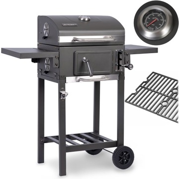 GRILL WĘGLOWY OGRODOWY ŻELIWNY RUSZT Z POKRYWĄ POPIELNIK + TERMOMETR