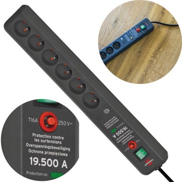 PRZEDŁUŻACZ LISTWA ZABEZPIECZENIE AKUSTYCZNE Secure-Tec 19.500A 6-GNIAZD 3M