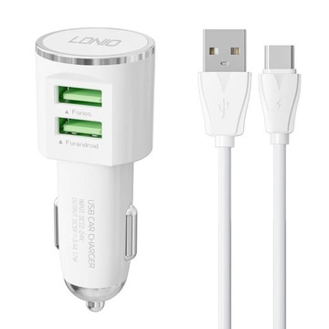 ŁADOWARKA SAMOCHODOWA LDNIO DL-C29, 2X USB, 3.4A + KABEL USB-C (BIAŁA)