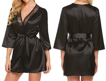 BIELIZNA DAMSKA SATYNOWY KOMPLET SZLAFROK KORONKA