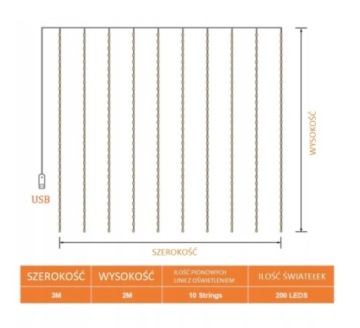 СВЕТОДИОДНЫЕ СВЕТИЛЬНИКИ ДЛЯ ЗАНАВЕС 200 3x2M ТЁПЛЫЙ БЕЛЫЙ
