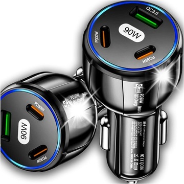 SZYBKA ŁADOWARKA SAMOCHODOWA 2xUSB-C C PD 30W + USB QC 3.0 LED MOCNA CZARNA