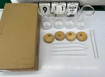 4*МНОГОФУНКЦИОНАЛЬНЫЙ НАБОР СТЕКЛЯННЫХ КРУЖЕК ДЛЯ СОКА С КРЫШКОЙ И СОЛОМОЧКОЙ 500 МЛ