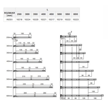 2x РОЛИКОВЫЕ НАПРАВЛЯЮЩИЕ МЕБЕЛЬНЫЕ ДЛЯ ЯЩИКОВ L-500мм