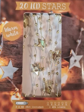 LAMPKI GIRLANDA OŚWIETLENIE GWIAZDKI 20 LED 2XAA 2 METRY ZŁOTE ŚWIĄTECZNE