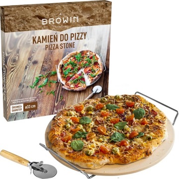 Kamień ceramika blacha do pizzy z uchwytem + nożyk kordieryt okrągły 33 cm