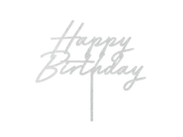 Топпер на торт HAPPY BIRTHDAY сріблястий 18x16,5 см
