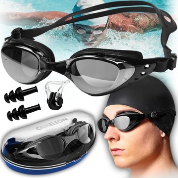 Okulary Gogle Pływackie na Basen do Pływania ANTI-FOG + Etui + Zatyczki Nos