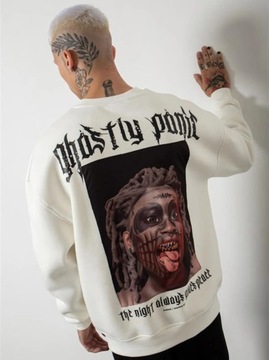 BLUZA MĘSKA BEZ KAPTURA Oversize Biała MODNA Machinist Ghostly Panic L