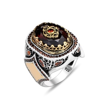 Ottoman Design Garnet Stone Silver Men's Ring | 925K