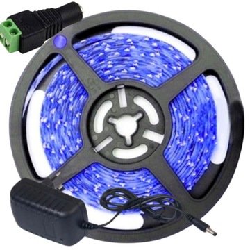 TAŚMA LED NIEBIESKA 5M 12V ZESTAW + ZASILACZ + ZŁĄCZE DC