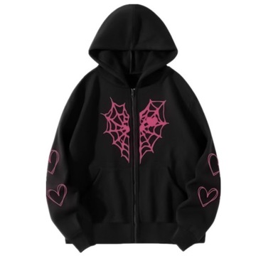 Y2K hip -hop loose casual printing pink spider web zipper hoodie