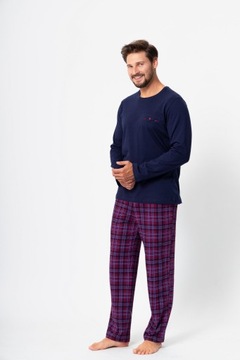 Granatowa długa piżama męska ze spodniami w kratę Hotberg EMILIO XXL