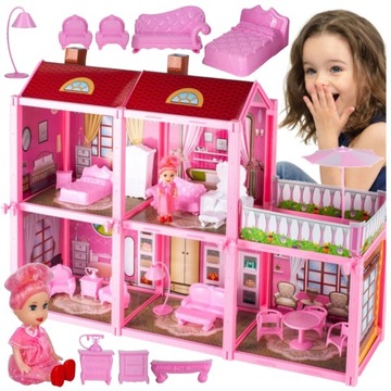 DOMEK DLA LALEK + LALECZKA + MEBLE RÓŻOWA VILLA 5 POMIESZCZEŃ Z TARASEM