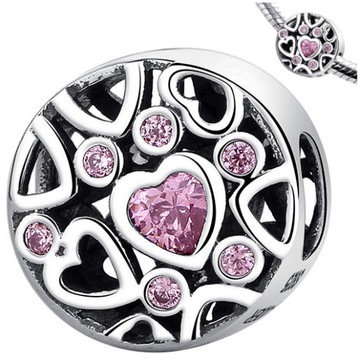 CHARMS RÓŻOWE SERDUSZKA zawieszka srebro pr 925