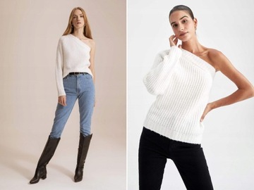 O006G32 SWETER ECRU NA JEDNO RAMIĘ ASYMETRYCZNY DZIANINA DEFACTO L