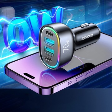АВТОМОБИЛЬНОЕ ЗАРЯДНОЕ УСТРОЙСТВО JOYROOM 70 Вт с 4 портами: 2 x USB C, 2 x USB PD QC
