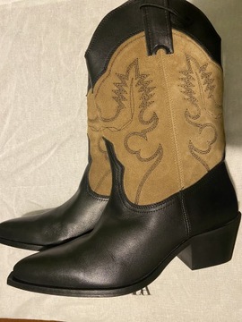 ZARA botki skórzane w stylu cowboy, czarno-beżowe z haftem, r. 40