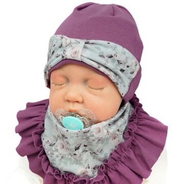 CZAPKA APASZKA bakłażan komplet w kwiaty r. 38-40