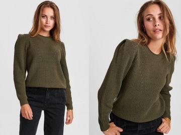 Sweter zielony buffki ramiona prążki khaki numph 36/38 bawełna