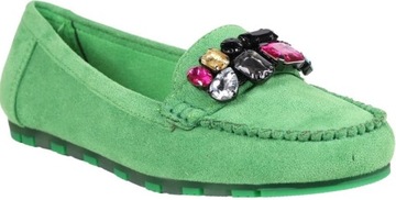iButy DAMSKIE MOKASYNY Z KAMIENIAMI PŁASKIE ZIELONE ZAMSZOWE WYGODNE