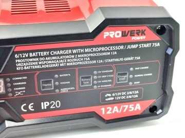 PROSTOWNIK ŁADOWARKA DO AKUMULATORÓW Z ROZRUCHEM 6V 12V 12A 75A AGM ŻEL SLA