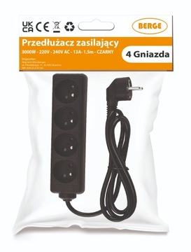 Przedłużacz Listwa Zasilająca 4 Gniazda 1,5m 3*1,0 mm2 13A 3000W Czarny