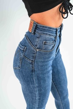 Ciemne klasyczne jeansy damskie spodnie skinny PUSH UP wysoki stan XL
