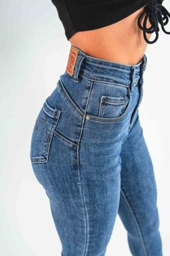 Ciemne klasyczne jeansy damskie spodnie skinny PUSH UP wysoki stan XS