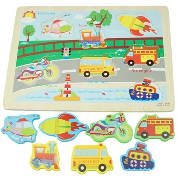 DREWNIANA KOLOROWA UKŁADANKA PUZZLE POJAZDY