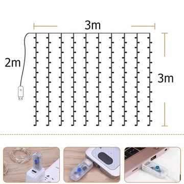 KURTYNA ŚWIETLNA CIEPŁE 300 LED 3x3 USB ŚWIĄTECZNE CHOINKOWE GIRLANDA PILOT
