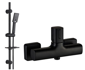 LOFT bateria prysznicowa CUBIC czarna mat BLACK + natrysk z półką DRĄŻEK