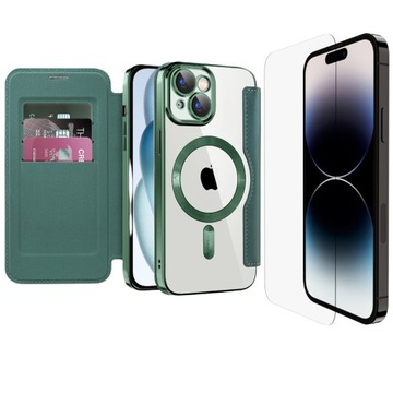 ETUI FLIP Z KLAPKĄ DO MAGSAFE OBUDOWA CASE IPHONE 13 ZIELONE + SZKŁO