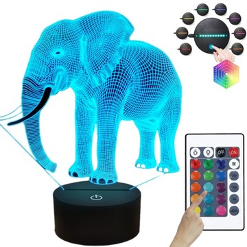 LAMPKA NOCNA SŁOŃ 3D LED KOLORY USB PILOT PREZENT