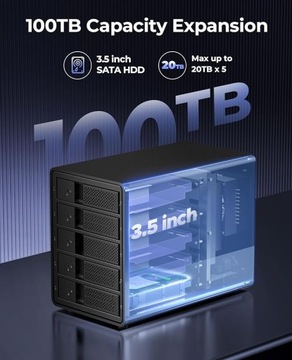 Корпус для жестких дисков с 5 отсеками, от USB 3.0 до SATA, макс. 80 ТБ
