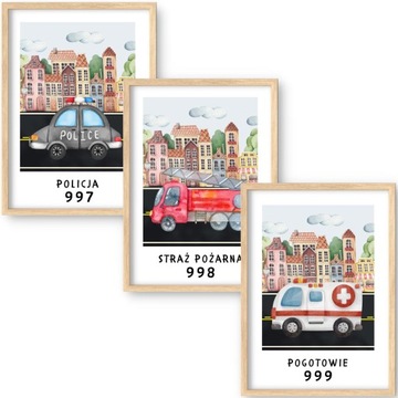 ZESTAW 3 PLAKATÓW 30x40 PLAKAT NUMERY ALARMOWE POLICJA STRAŻ SAMOCHODY AUTA