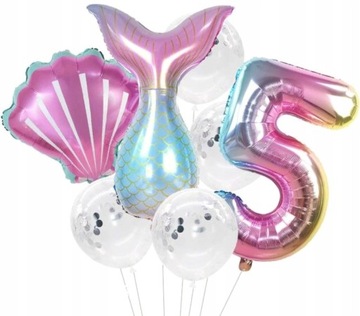 Urodzinowe Balony 7szt konfetti 5 latka syrenka