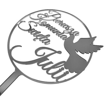 Топпер для первого причастия с именем, серебро, Святое Причастие, ИМЯ, серебряное зеркало