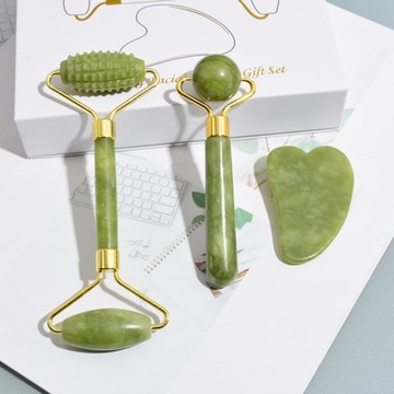 3w1 Masażer do twarzy KAMIEŃ GUA SHA z jadeitu zestaw roller wałek masażu