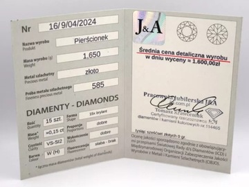 ZŁOTY PIERŚCIONEK Z DIAMENTAMI - 585 14K R.11 1,65G CERT