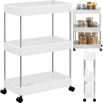 MOBILNA SZAFKA ŁAZIENKOWA KUCHENNA REGAŁ NA KÓŁKACH WĄSKI 3 PÓŁKI BIAŁY