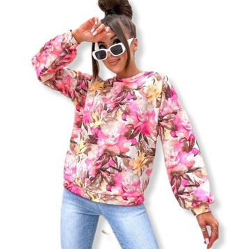BLUZA DRESOWA DAMSKA BAWEŁNIANA PĘTELKA W KWIATY PL PRODUKT RÓŻOWY BEŻ S/M