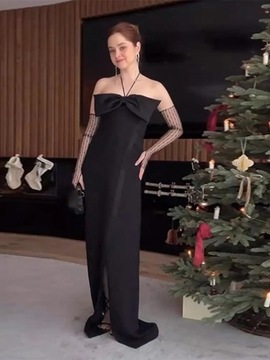 Sukienka Seksowny przedział czarna sukienka kokarda długie z dekoltem dla