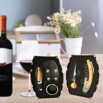 5-częściowy zestaw otwieraczy do wina ze stali nierdzewnej ze schowkiem, bambusowym uchwytem do wina