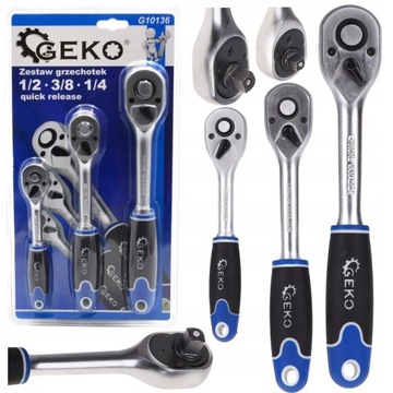 НАБОР 3x ПРЯМЫХ ТРЕЩОТКИ GEKO 1/2' 1/4' 3/8'