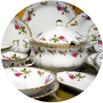 001 SERWIS OBIADOWY 6/27 Róża Złota IWONA waza 2000 MALCER PORCELANA